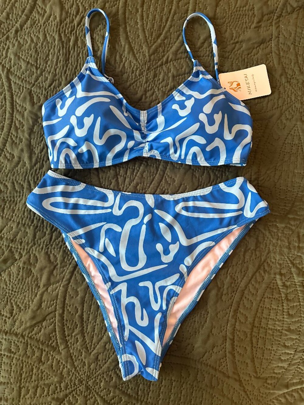 NWT MIKETAI Abstract Blue Bikini Set with Gold Metal Clasp size small